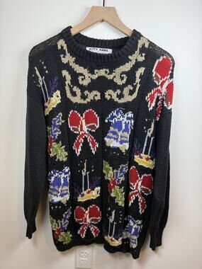 Y2K Kitty Hawk Vivian Wang Colorful Christmas Sweater L Has Hole Boho Vintage
